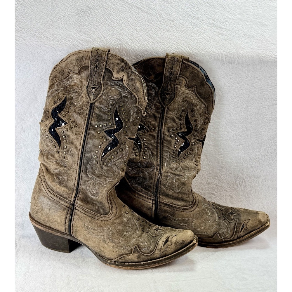 Laredo Women's Lucretia Sz 8 Studded Snake Inlay Western Boot Snip Toe 52133